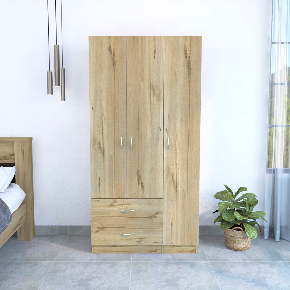 Eureka 3 Door Armoire with 2 Drawers, Inner Shelves, and Rod, Light Oak