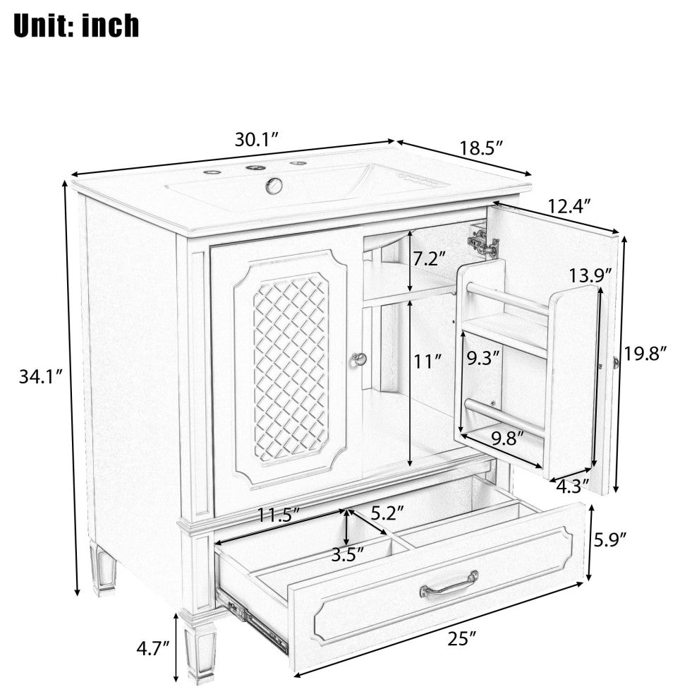 GDF Studio 30" Vintage Vanity With Sink, Adjustable Shelf & One Drawer, Black
