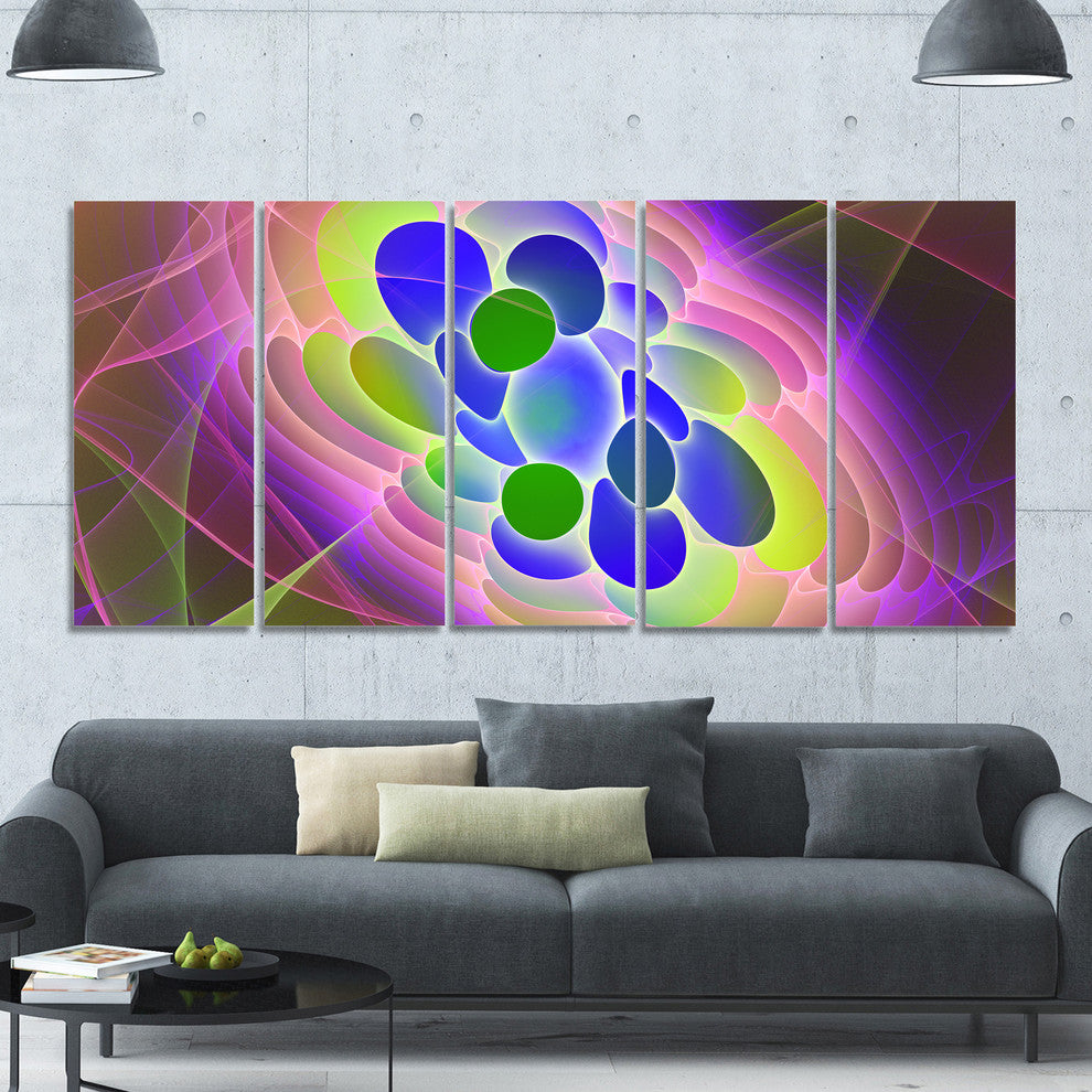 Blue Green Fractal Virus Design, Abstract Art on Canvas, 60"x28", 5 Panels