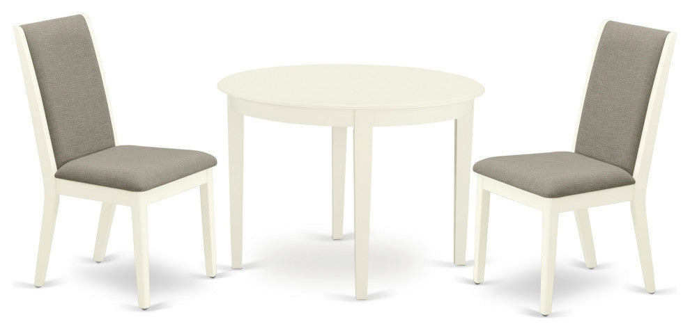 3Pc Dining Set, Round Wood Table, 2 Chairs, Shitake Chairs Seat, Linen White