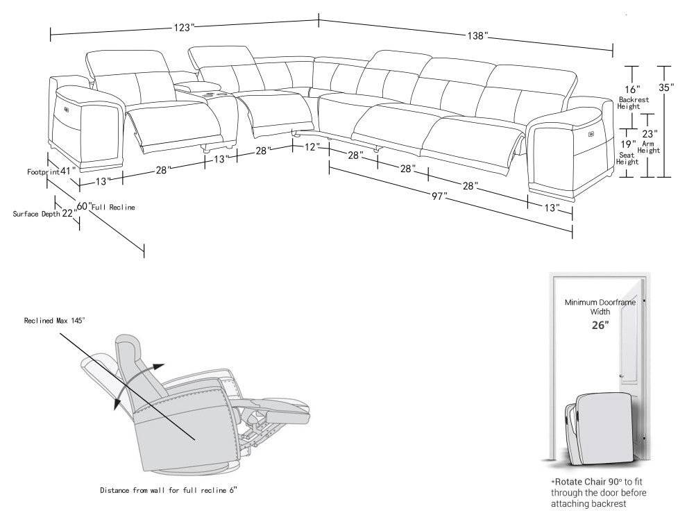 Federico 7-Piece L-Shaped Top Grain Italian Leather Sectional-4 Power Recliners, Light Gray