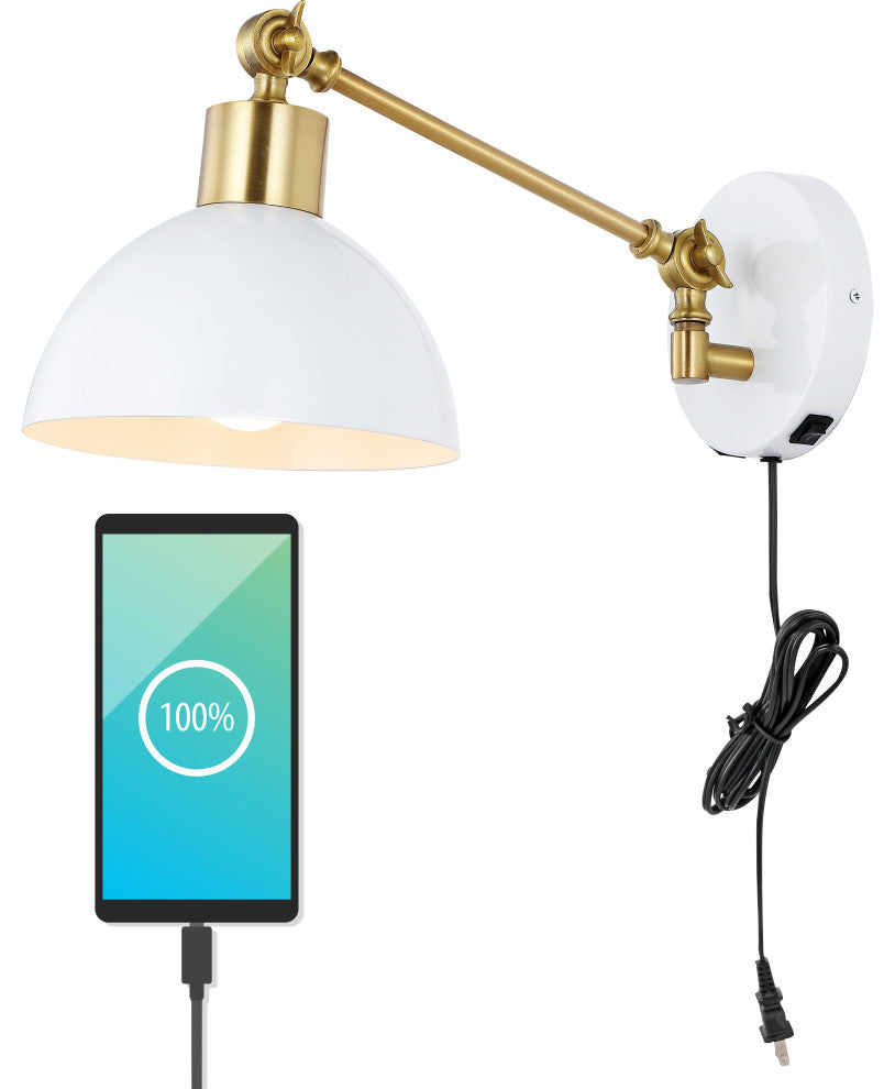 Lisa Swing Arm 1-Light Modern Midcentury Iron USB Charging Port LED Sconce, Whit