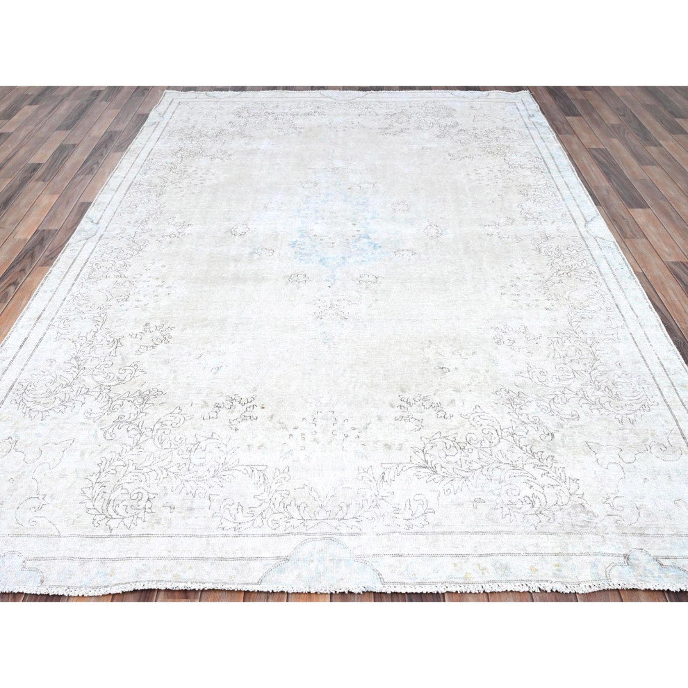 White, Natural Wool, Hand Knotted, Vintage Persian Kerman, Rug, 7'2"x9'10"