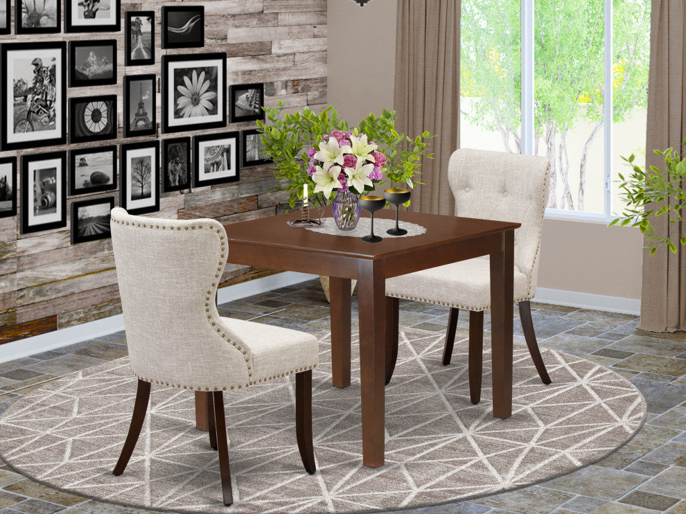 A Dining Set Of 2 Chairs, Doeskin Color, Beautiful Wood Table In Mahogany Finish