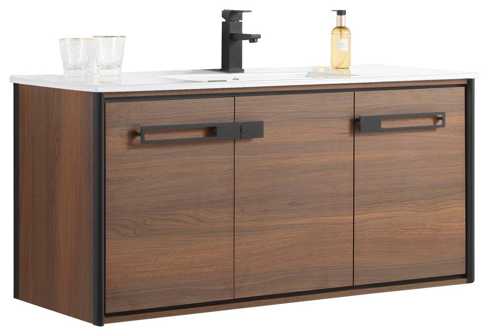 Oakville Wall Mount Bathroom Vanity, Walnut Ebony, 48", Black Hardware