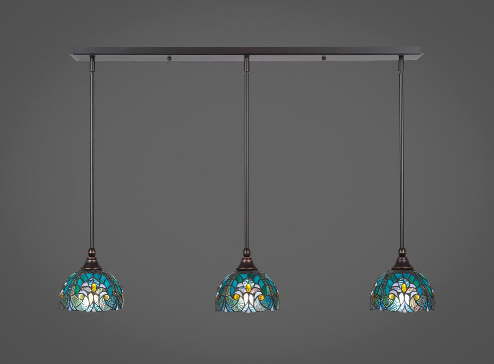 3 Light Mini Pendant In Dark Granite, 7" Turquoise Cypress Tiffany Glass