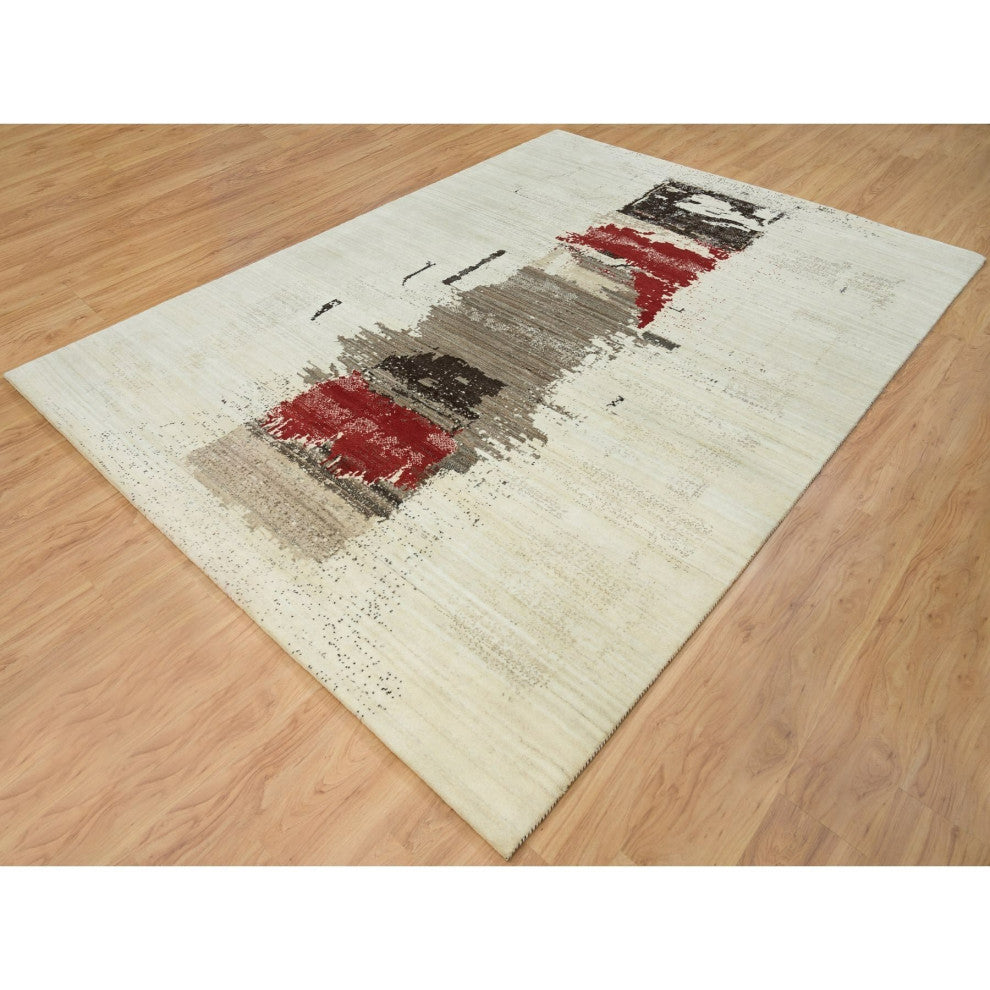 Parchment White Hand Knotted Lori Buft Gabbeh Wool Oriental Rug, 8'3"x11'3"