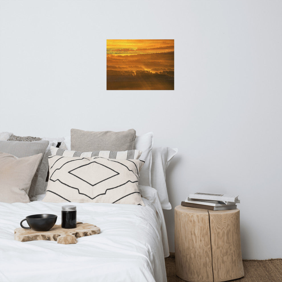 Faux Wood Golden Mist Valley - Hills & Mountain Range Wall Art Prints, 18" X 24"