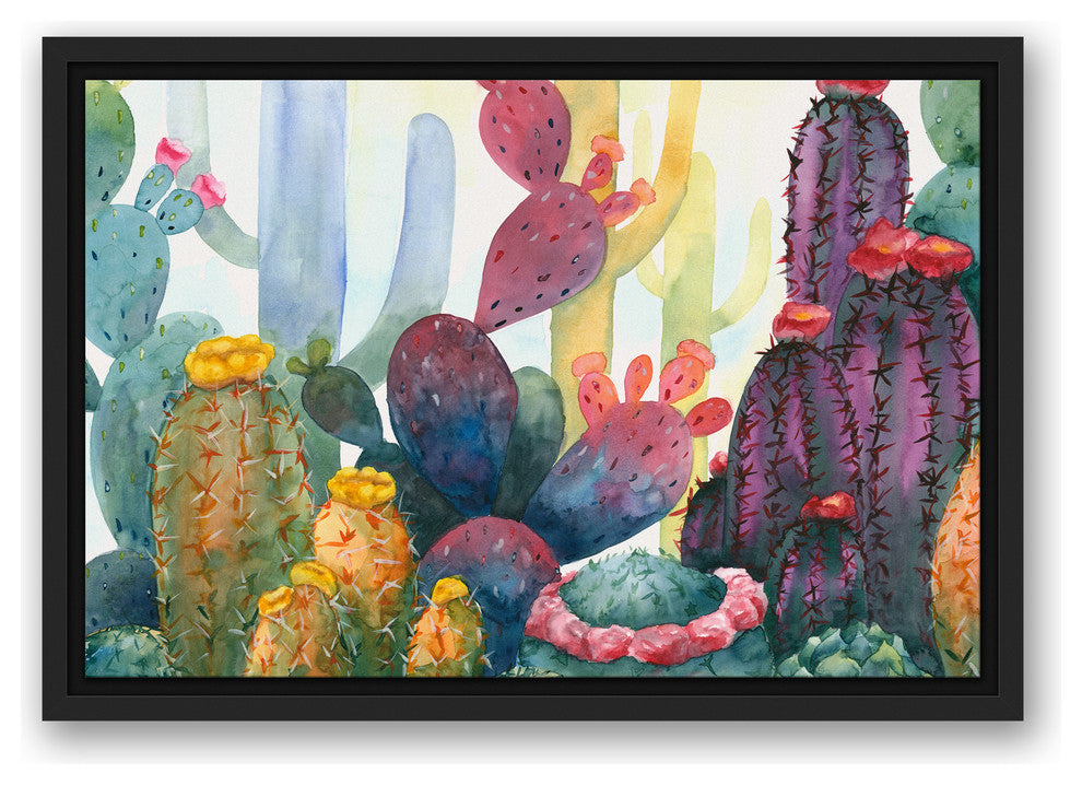 Colorful Blooming Cactus 12x18 Black Floating Framed Canvas