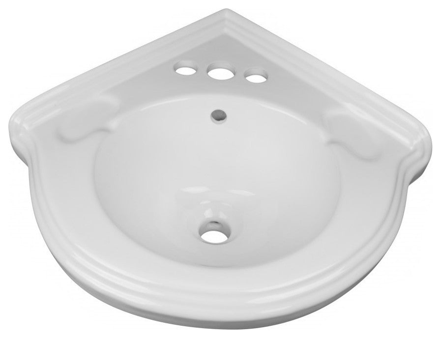 Corner Bathroom Pedestal Sink White 22" Small with Overflow and Faucet Holes