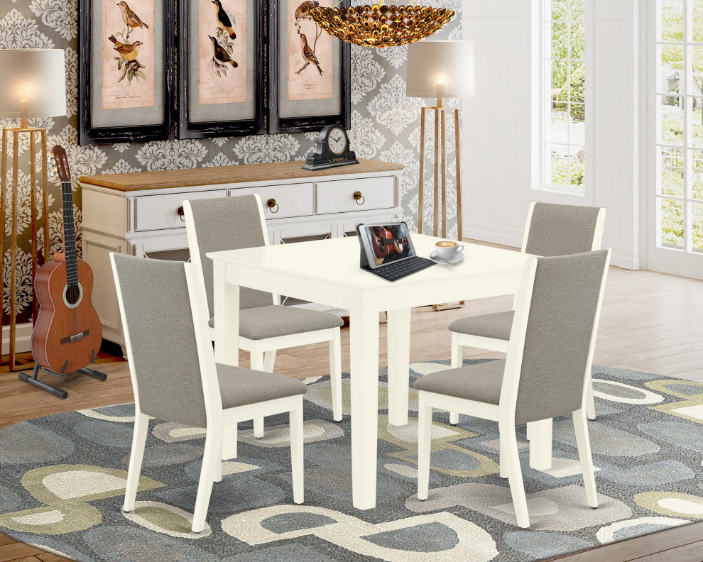5Pc Dining Set 4 Chairs, Rectangle Wood Table, Linen White