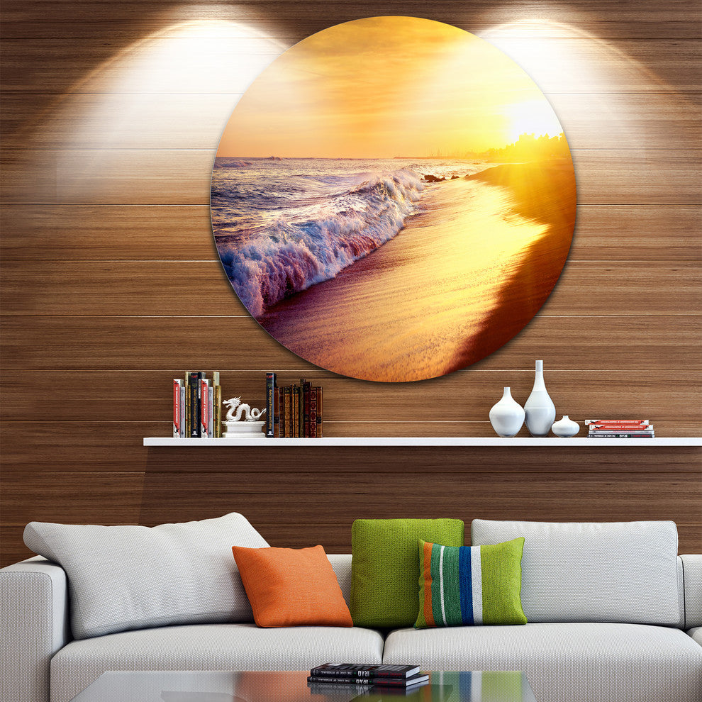 Bright Yellow Sky With Foam Waves, Seashore Disc Metal Wall Art, 11"