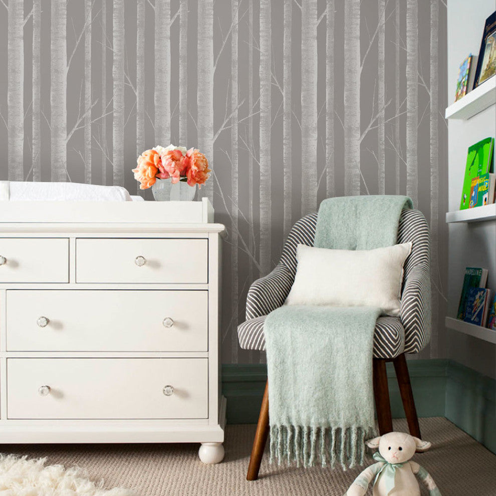 Birch Tree Peel and Stick Vinyl Wallpaper, White Gray, 24" X 60"