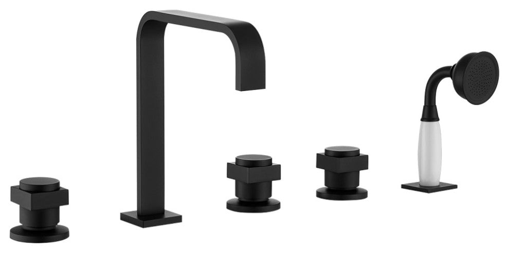Vikran Triple Handle Deck-Mount Roman Tub Faucet Trim With Handshower, Matte Black