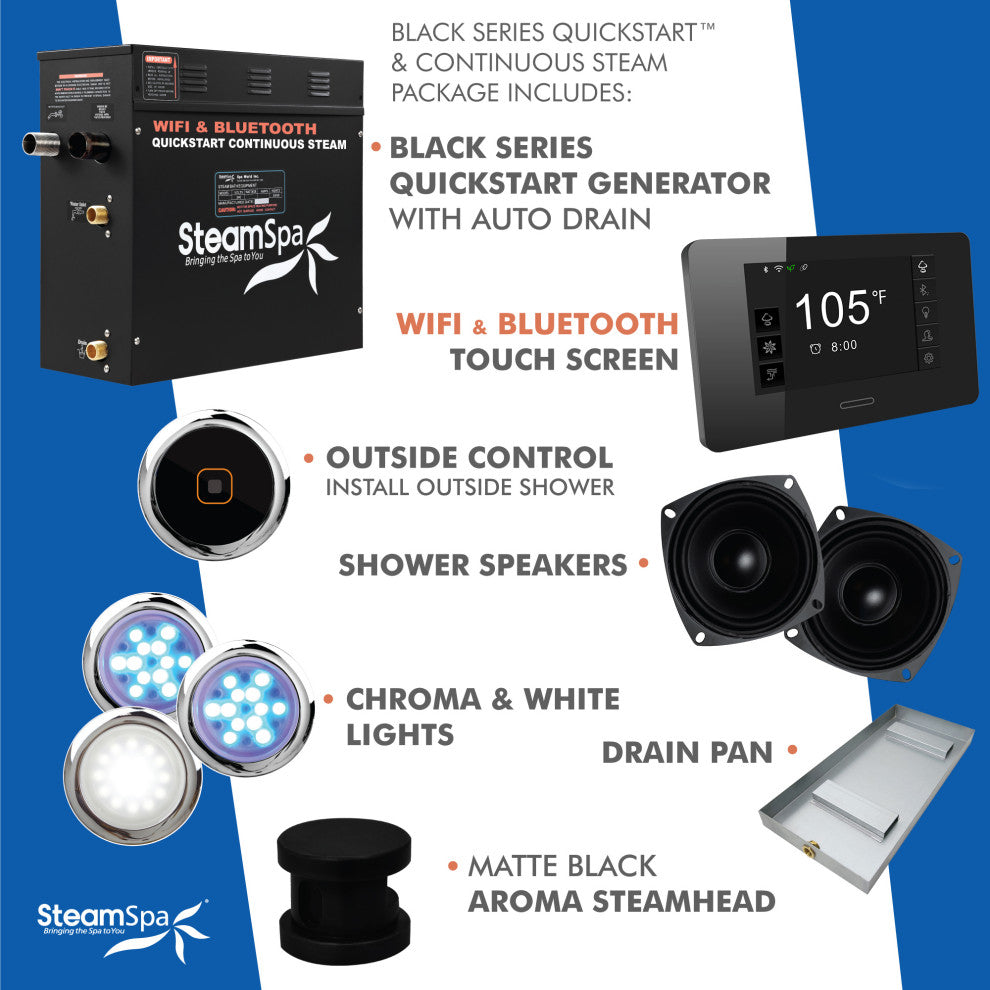 Black Series Wifi/Bluetooth 6kW QuickStart Steam Bath Set, Matte Black