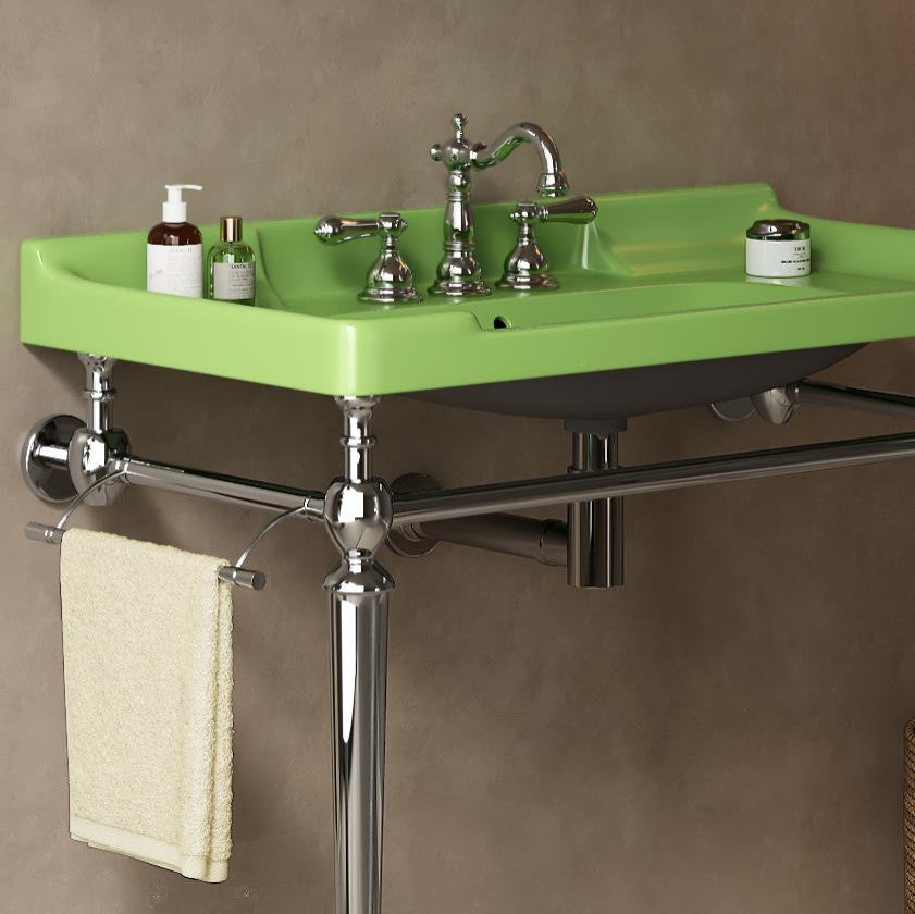 Wall-Mounted Green Ceramic Vanity Basin with Stainless Steel Support Legs, Chrome