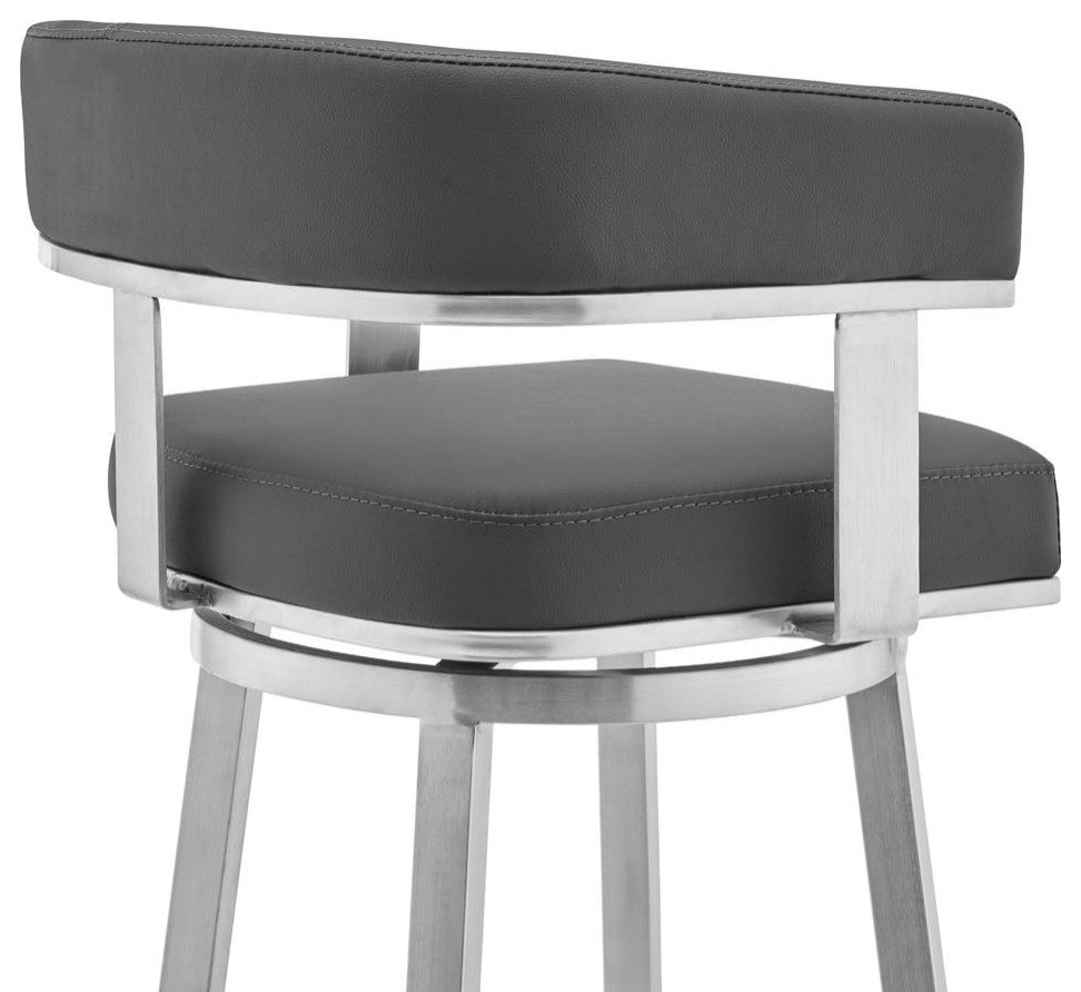 Cohen 26 Gray Faux Leather and Brushed Stainless Steel Swivel Bar Stool