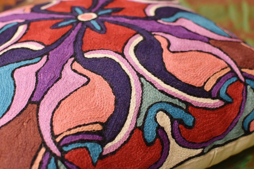 Mosaic Floral Pillow Cover Decorative Stained Glass I Wool Handmade Wool 18x18"