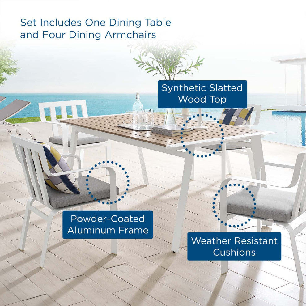 Side Dining Chair and Table Set, Aluminum, Metal, White Gray, Outdoor