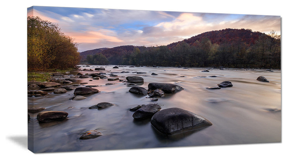 Rocky Mountain River in Autumn, Oversized Seashore Wall Art on Canvas, 60"x28"