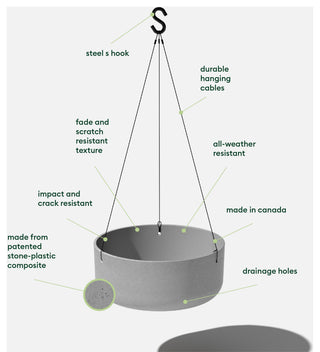 Pure Series Hanging Kona Bowl 14" Planter, Gray, 2 Pack