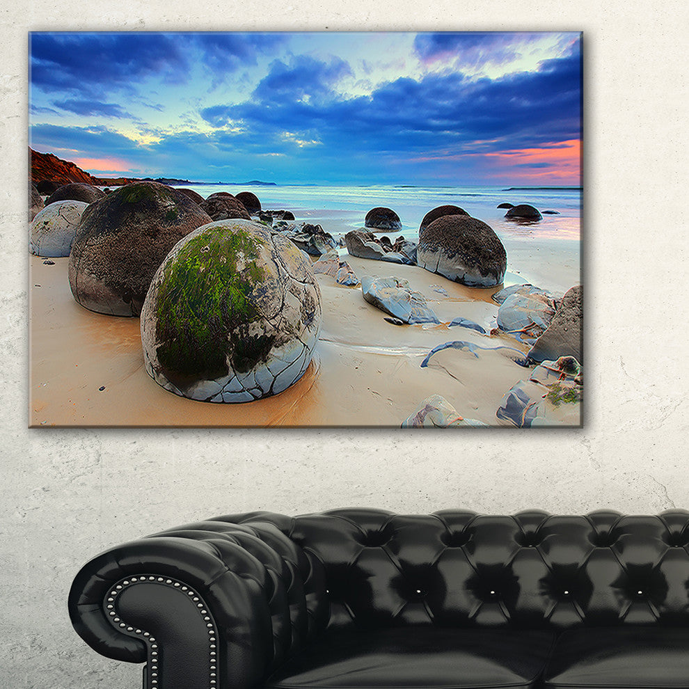 "Cloudy Sunrise Over Moeraki Boulders" Seashore Photo Wall Art, 32"x16"