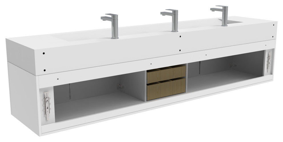 CastelloUSA Nile 84" Wall Mounted Bathroom Vanity Set, White, White Top, Brushed Nickel