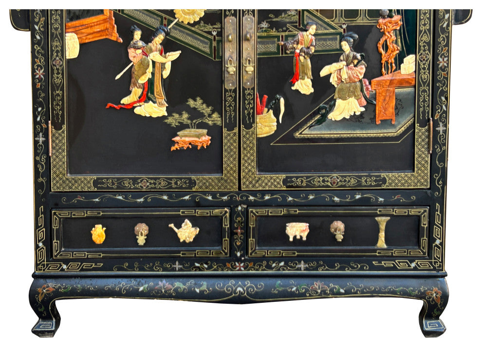 Vintage Chinoiseries Black Stone Inlay Graphic Credenza Storage Cabinet Hws4256