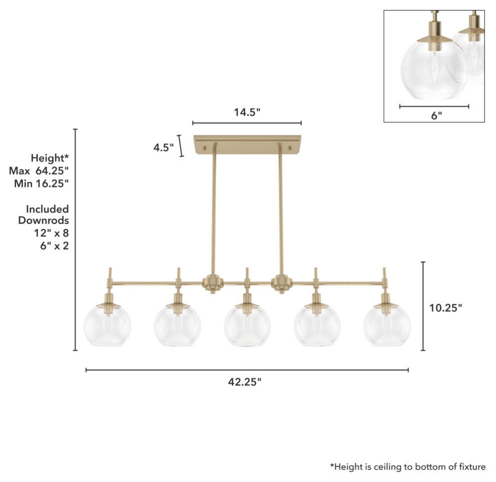 Xidane Alturas Gold, Clear Glass 5 Light Linear Chandelier Light