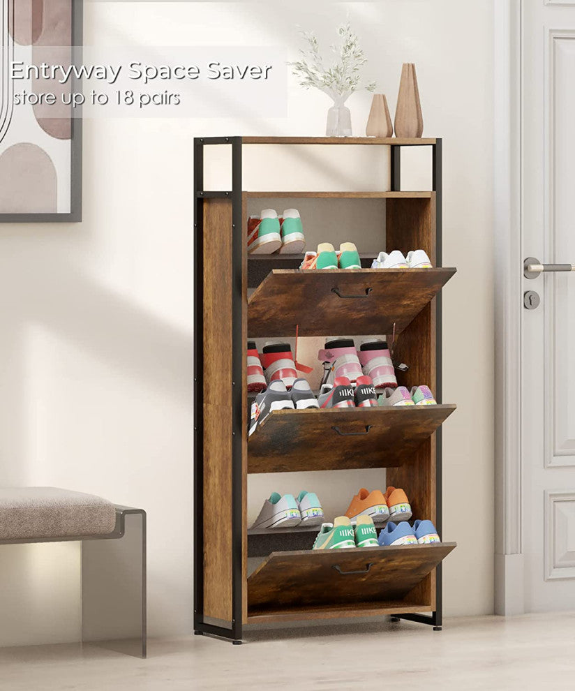 3 Drawer Industrial Shoe Cabinet with Flip Doors and Open Storage Shelf