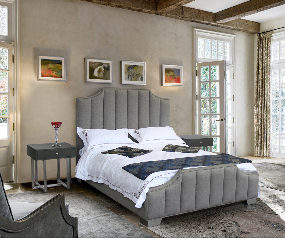Camelot Queen Bed With Polished Stainless Steel and Gray Fabric