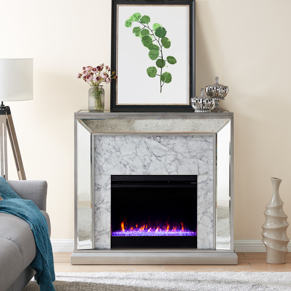 Trason Mirrored Faux Stone Fireplace with Color Changing Firebox, Silver