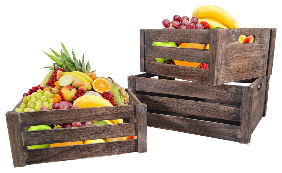 Rustic White Set of 3 Distressed Decorative Wood Crates Storage, Brown