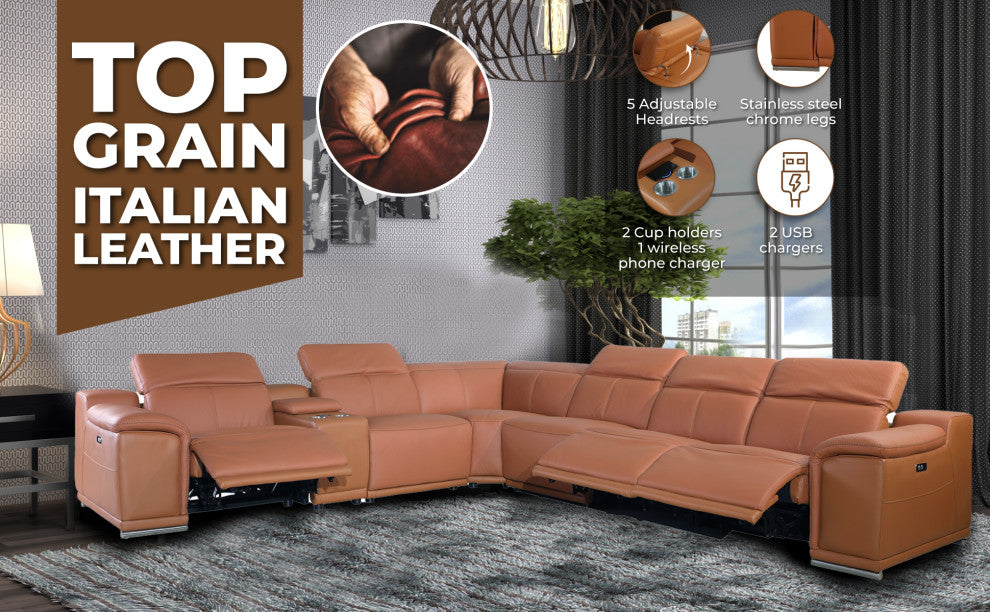 Federico 7-Piece L-Shaped Top Grain Italian Leather Sectional-4 Power Recliners, Light Gray