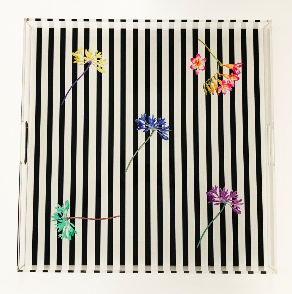 Blackfloral Stripes 18"x18" Acrylic Tray