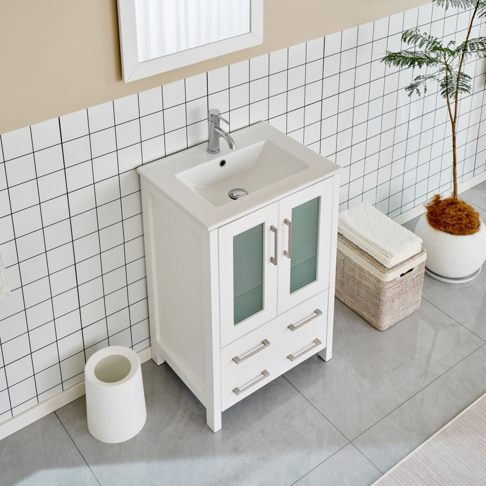 Vanity Art Vanity Set With Ceramic Top, 24", White, Led Touch-Switch Mirror