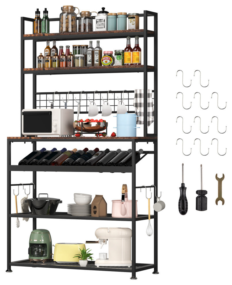 VEVOR Kitchen Bakers Rack with Cabinet 6-Tier Storage Shelf Rack 11 Hooks 65"H