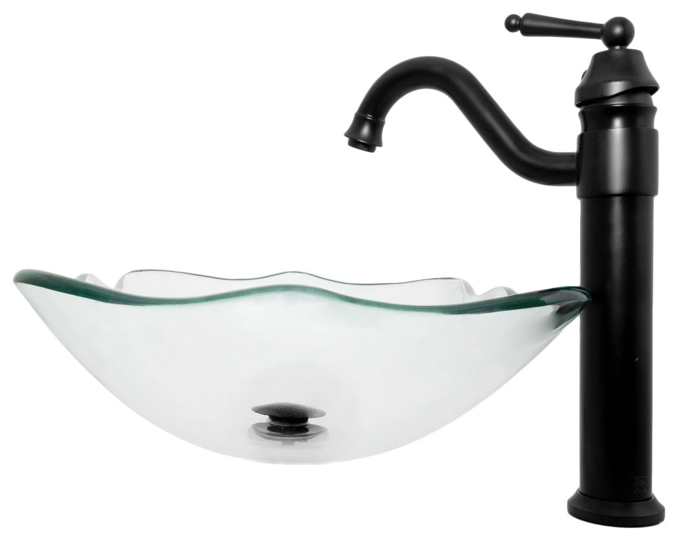 Clear Scalloped Tempered Glass Vessel Bathroom Sink with Faucet and Drain, Matte Black