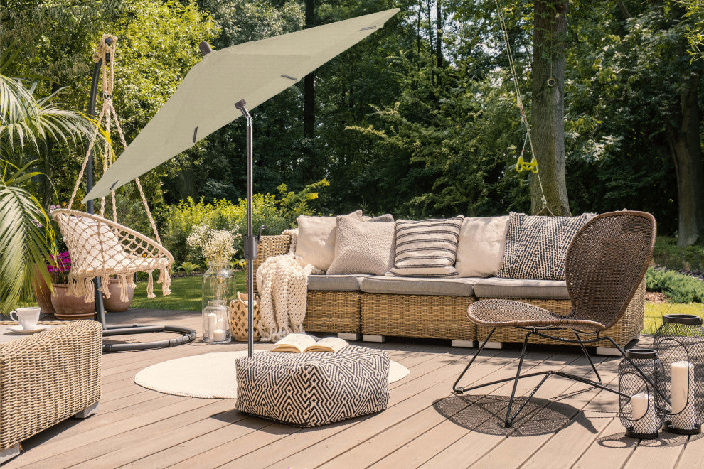 9' Round Push Tilt Market Umbrella, Antique Bronze Frame, Antique Beige
