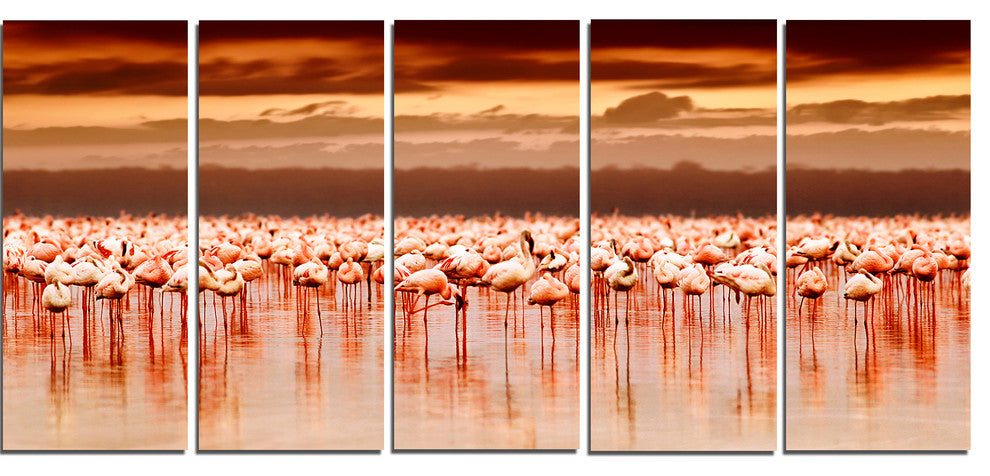 African Flamingos View At Sunset, Floral Canvas Art Print, 60"x28", 5 Panels