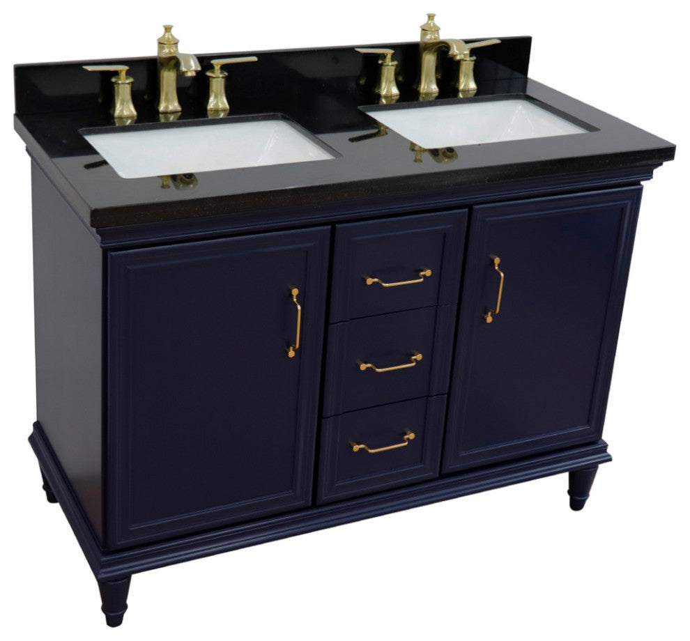 49" Double Vanity, Blue Finish With Black Galaxy And Rectangle Sink