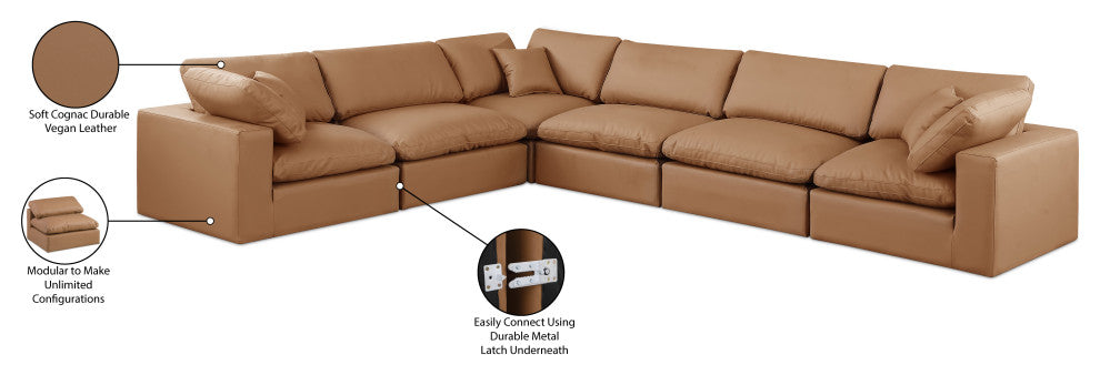 Comfy Upholstered L-Shaped Modular Sectional, Cognac, 6-Piece: 3 Armless Chair, 3 Corner Chair, Vegan Leather