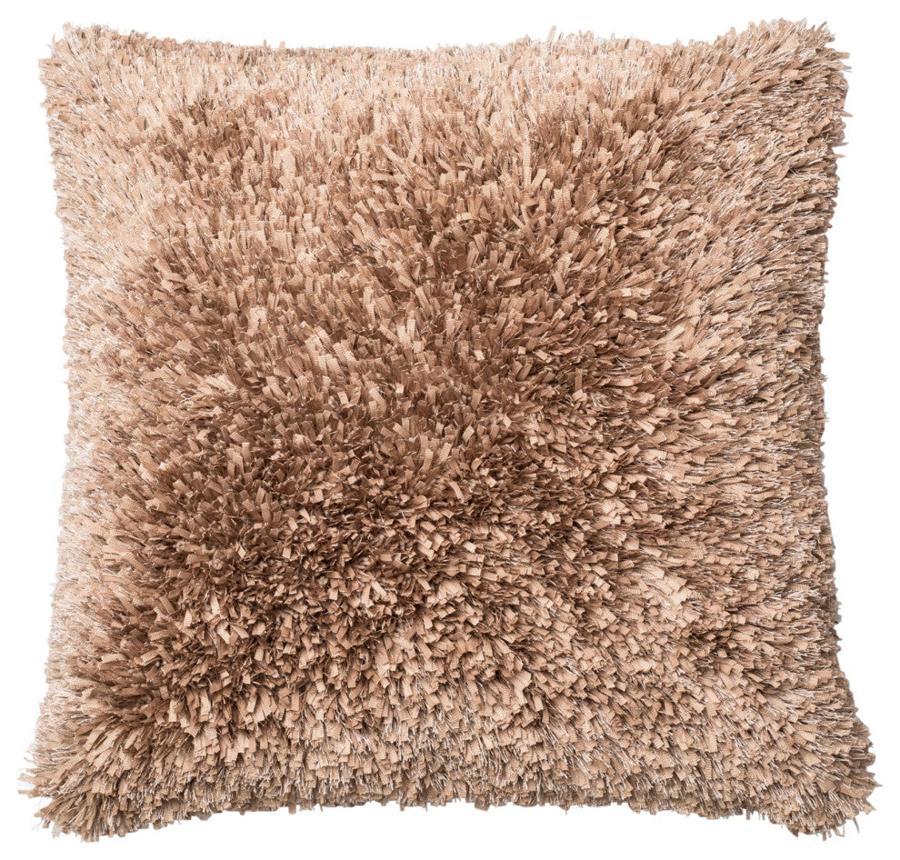 100% Polyester Double-Sided Ribbon Shag Decorative Throw Pillow by Loloi, Tan, D