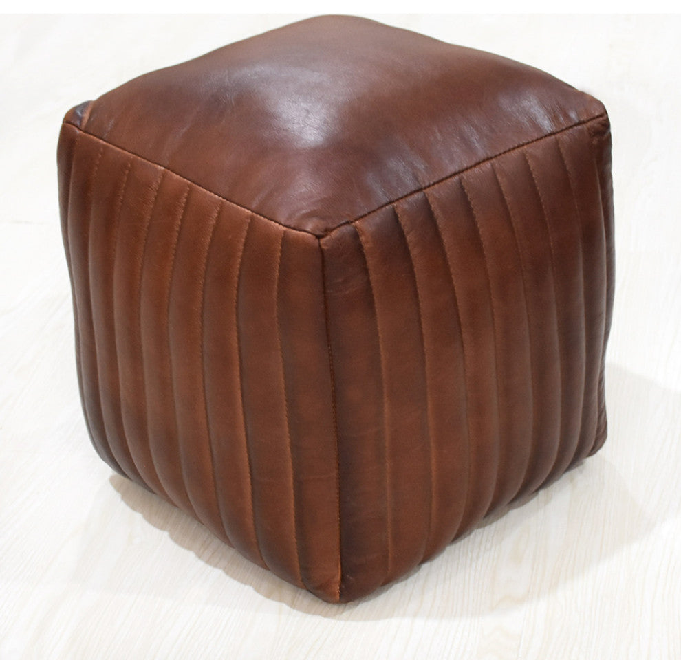 Poufs-Solid Handmade Goat Leather Pouf, Recycled Cotton Fill, Brown, 18x18x18  Square