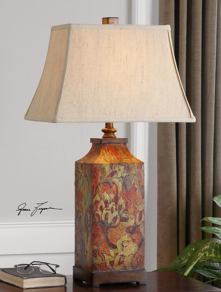 Boutique Distressed Wood Floral Table Lamp