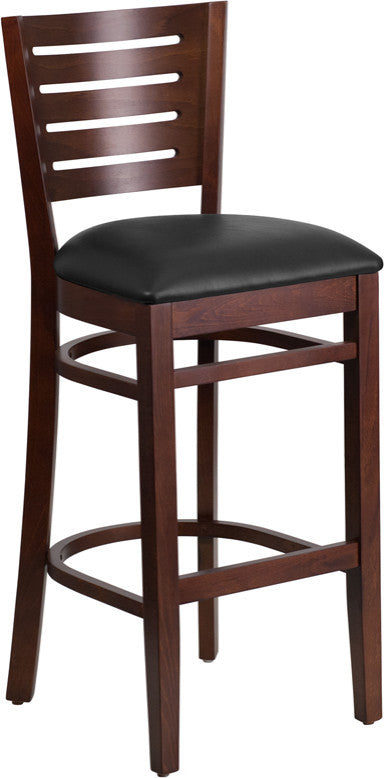 Darby Series Slat Back Walnut Wood Restaurant Barstool, Black Vinyl Seat