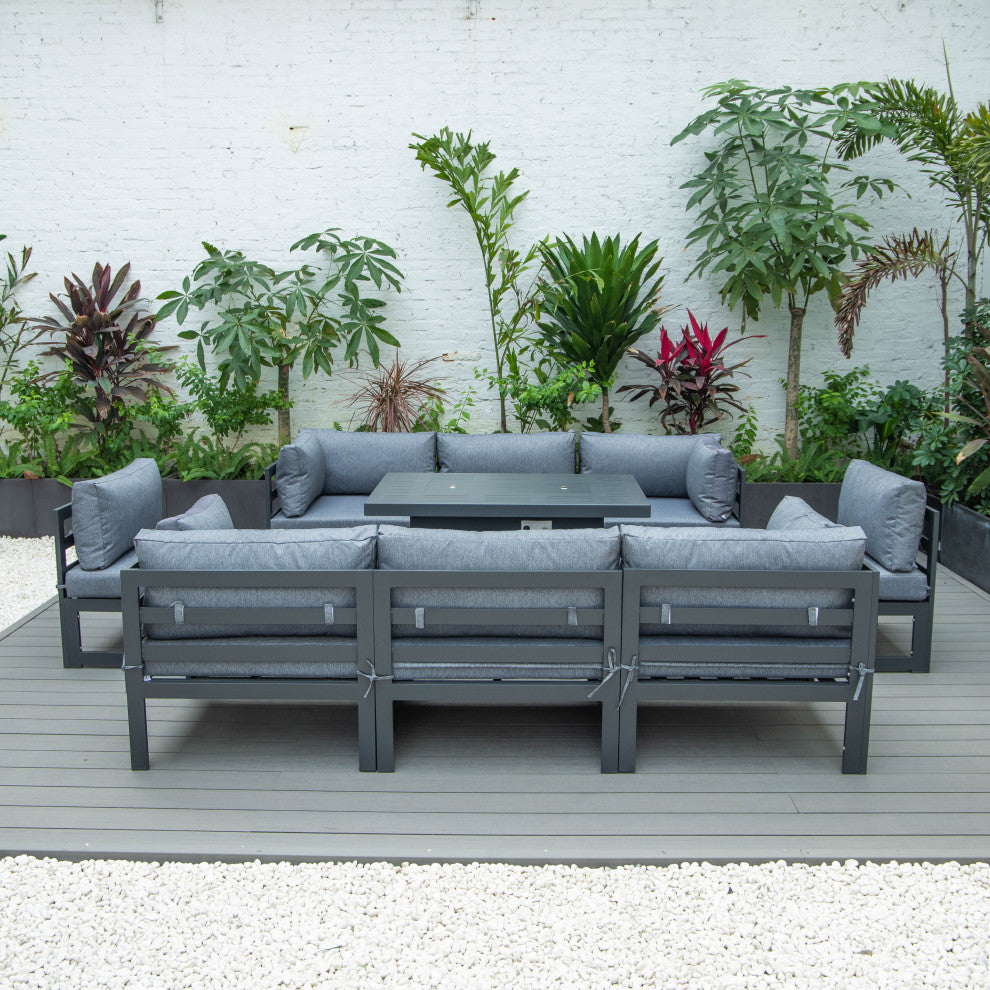 LeisureMod Chelsea 9-Piece Patio Sectional With Fire Pit Table, Blue