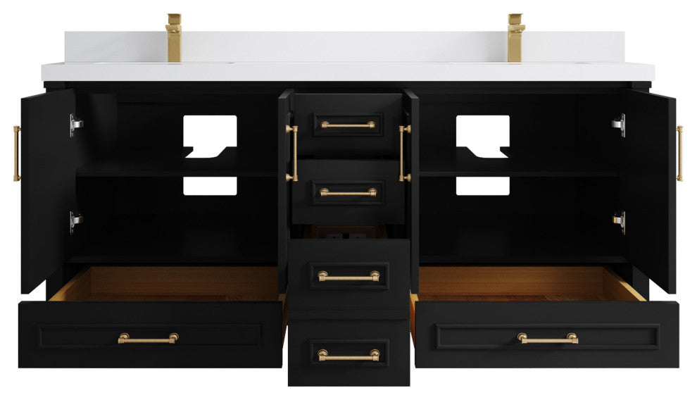 Aberdeen 72 Double Sink Bath Vanity in Black 2" White Quartz