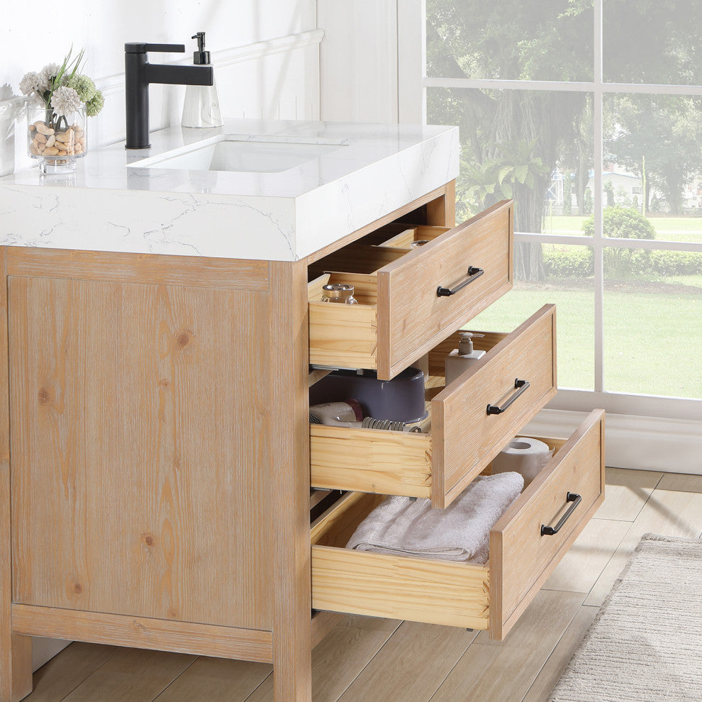 Leon Bath Vanity With Composite Stone Top, Fir Wood Brown, 36", With Mirror