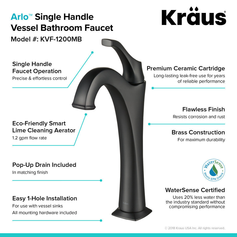 Elavo Rectangle Ceramic Vessel Sink, Bathroom Arlo Faucet, Drain, Matte